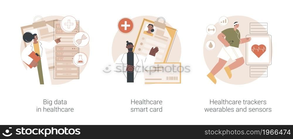 Electronic health records abstract concept vector illustration set. Big data in healthcare, smart card, health tracker wearables and sensors, patient care, personalized medicine abstract metaphor.. Electronic health records abstract concept vector illustrations.
