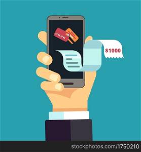 Electronic invoice. mobile receipt, online bill. digital financial expense transfer. Vector hand hold smartphone with long pay check illustration. Illustration payment bill, receipt and invoice. Electronic invoice. mobile receipt, online bill. digital financial expense transfer. Vector hand hold smartphone with long pay check illustration