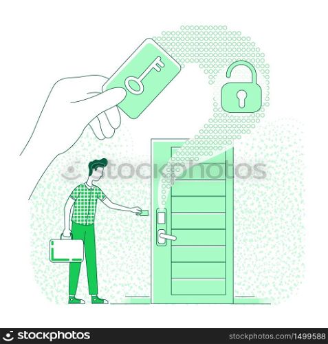 Electronic key thin line concept vector illustration. Person using plastic keycard 2D cartoon character for web design. Keyless lock security system, smart home, dwelling protection creative idea