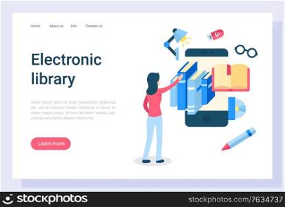 Electronic library access vector, education and getting knowledge from publication. Ebooks and online application for reading, exam preparation. Website or webpage template, landing page flat style. Electronic Library Student with Access to Books