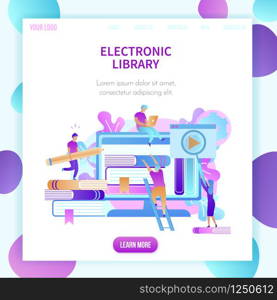 Electronic Library, Webinar Video, Online Education Courses. Cartoon Students Training by Digital Books Technology. Distance Teaching School. Square Banner, Copy Space. Flat Vector Illustration. Students Training by Digital Books Technology.