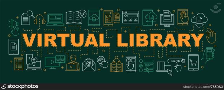 Electronic library word concepts banner. E-books. Presentation, website. Virtual library. Online education. E-learning. Isolated lettering typography with linear icons. Vector outline illustration. Electronic library word concepts banner