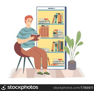 Electronic library. Young man sitting and reading digital book, bookshelf in smartphone, huge phone screen, online education, student distance studying. Vector flat cartoon isolated e-learning concept. Electronic library. Young man sitting and reading digital book, bookshelf in smartphone, phone screen, online education, student distance studying. Vector cartoon isolated e-learning concept