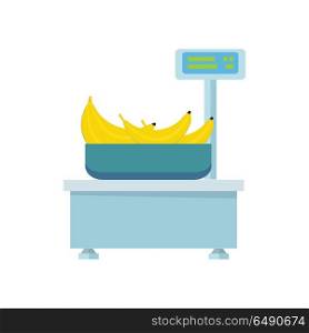Electronic Market Scale with Bananas. Blue electronic market scale with bananas. Scale icon in flat. Food scale icon. Weight scale icon. Supermarket equipment. Isolated object on white background. Vector illustration.