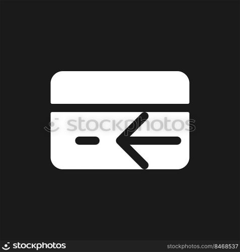 Electronic money refund dark mode glyph ui icon. Payment card operations. User interface design. White silhouette symbol on black space. Solid pictogram for web, mobile. Vector isolated illustration. Electronic money refund dark mode glyph ui icon