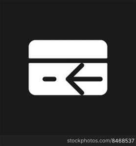 Electronic money refund dark mode glyph ui icon. Payment card operations. User interface design. White silhouette symbol on black space. Solid pictogram for web, mobile. Vector isolated illustration. Electronic money refund dark mode glyph ui icon