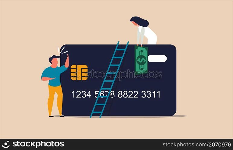 Electronic payments and online shopping on the Internet. Debit and good business reputation. Safe money transfer. Man receiving money from credit card with ladder vector illustration concept