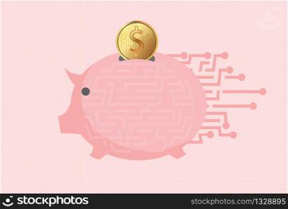 Electronic piggy bank with golden coin over pink background. vector illustration