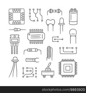 Electronic radio components. Set of microchip, diode, transistor capacitor, resistor. Computer parts. Hand drawn vector illustration. Electronic radio components. Set of microchip, diode, transistor capacitor, resistor. Computer parts.