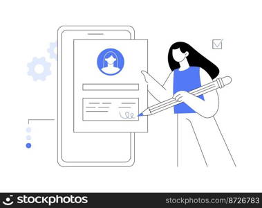 Electronic signature abstract concept vector illustration. E-signature template, e-sign consent agreement, secure identification and encryption, seamless transaction, private key abstract metaphor.. Electronic signature abstract concept vector illustration.