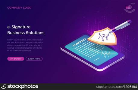 Electronic signature business solution concept vector isometric illustration. Online signing of contract on digital tablet screen, shield and stylus pen, purple landing web page for application. Electronic signature business solution concept