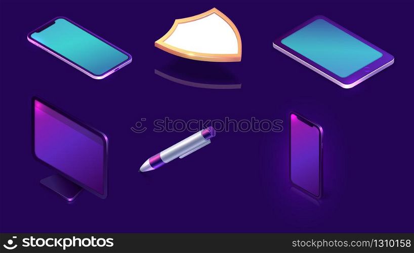 Electronic signature set, business solution concept vector isometric illustration. Online signing icon collection, digital tablet and pad, computer, mobile phone, shield and stylus pen on ultraviolet. Electronic signature business solution concept