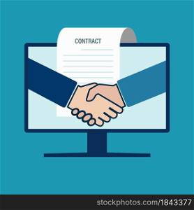 Electronic signing of a contract or agreement. A handshake on the monitor or display screen. Flat style.