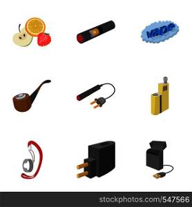 Electronic smoking cigarette icons set. Cartoon illustration of 9 electronic smoking cigarette vector icons for web. Electronic smoking cigarette icons set
