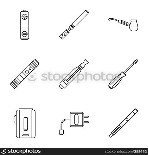 Electronic smoking cigarette icons set. Outline illustration of 9 electronic smoking cigarette vector icons for web. Electronic smoking cigarette icons set