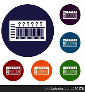 Electronic synth icons set in flat circle red, blue and green color for web. Electronic synth icons set