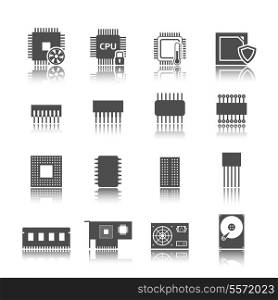 Electronic technology devices computer circuits black icons set isolated vector illustration
