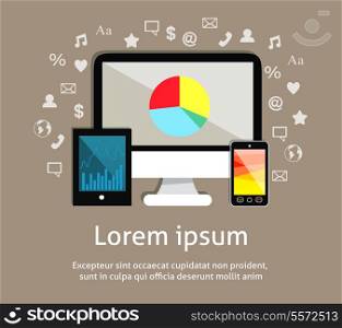 Electronic technology devices emblem of monitor screen mobile smartphone and tablet computer with social media icons vector illustration