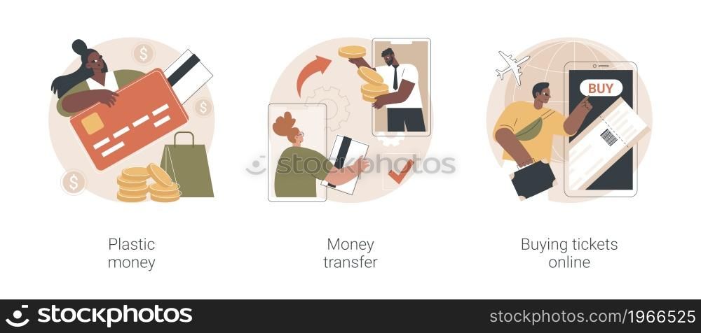 Electronic transactions abstract concept vector illustration set. Plastic money, money transfer, buying tickets online, credit and debit card, online cashback service, shopping abstract metaphor.. Electronic transactions abstract concept vector illustrations.