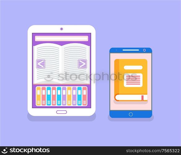 Electronic version of the book in gadget in flat style vector. System software update, data upload or synchronize with progress bar, phone screen. Electronic Version of the Book in Gadget Vector