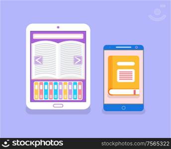 Electronic version of the book in gadget in flat style vector. System software update, data upload or synchronize with progress bar, phone screen. Electronic Version of the Book in Gadget Vector