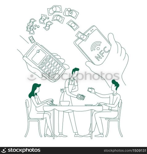 Electronic wallet benefit, e-payment thin line concept vector illustration. Person paying bill with mobile phone 2D cartoon character for web design. NFC, cashless transaction creative idea