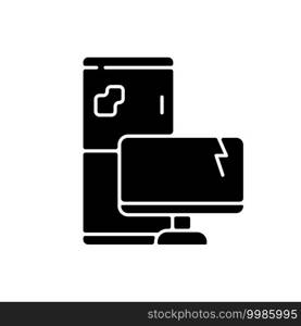 Electronic waste black glyph icon. E-waste. Discarded electrical and electronic devices. Computers, televisions, refrigerators. Silhouette symbol on white space. Vector isolated illustration. Electronic waste black glyph icon