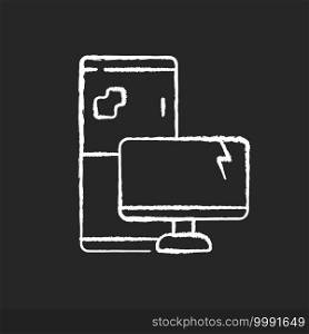 Electronic waste chalk white icon on black background. E-waste. Discarded electrical and electronic devices. Computers, televisions, refrigerators. Isolated vector chalkboard illustration. Electronic waste chalk white icon on black background