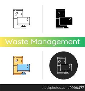 Electronic waste icon. E-waste. Discarded electrical and electronic devices. Computers, televisions, refrigerators. Linear black and RGB color styles. Isolated vector illustrations. Electronic waste icon