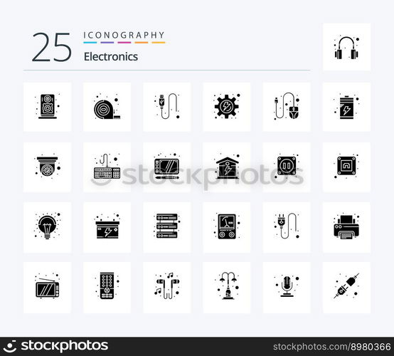Electronics 25 Solid Glyph icon pack including charge. scroll. usb. mouse. process
