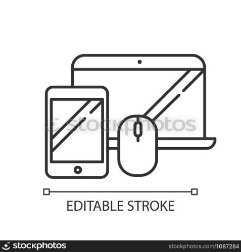Electronics and accessories chalk linear icon. Smartphone, laptop. E commerce department, online shopping. Thin line illustration. Contour symbol. Vector isolated outline drawing. Editable stroke