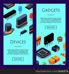 Electronics Cards. Vector isometric microchips and electronic parts icons web banner templates illustration. Electronics Cards. Vector microchips and electronic parts