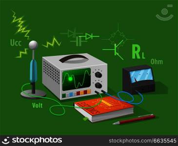 Electronics class isolated vector illustration on green background. Cartoon style textbook, ballpoint pen and various electricity related devices. Electronics Class Isolated Illustration on Green