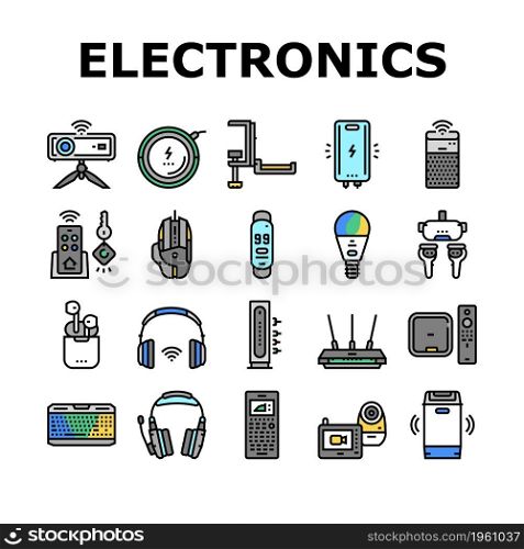Electronics Digital Technology Icons Set Vector. Wireless Headphones And Earbuds, Smart Speaker And Projector, Gaming Mouse And Keyboard, Streaming Player And Key Finder Line. Color Illustrations. Electronics Digital Technology Icons Set Vector