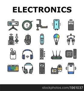 Electronics Digital Technology Icons Set Vector. Wireless Headphones And Earbuds, Smart Speaker And Projector, Gaming Mouse And Keyboard, Streaming Player And Key Finder Line. Color Illustrations. Electronics Digital Technology Icons Set Vector
