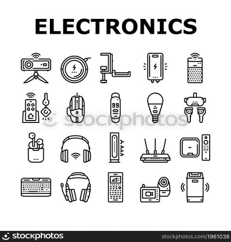 Electronics Digital Technology Icons Set Vector. Wireless Headphones And Earbuds, Smart Speaker And Projector, Gaming Mouse And Keyboard, Streaming Player And Key Finder Black Contour Illustrations. Electronics Digital Technology Icons Set Vector