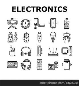 Electronics Digital Technology Icons Set Vector. Wireless Headphones And Earbuds, Smart Speaker And Projector, Gaming Mouse And Keyboard, Streaming Player And Key Finder Black Contour Illustrations. Electronics Digital Technology Icons Set Vector