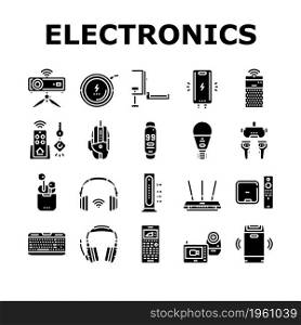 Electronics Digital Technology Icons Set Vector. Wireless Headphones And Earbuds, Smart Speaker And Projector, Gaming Mouse Keyboard, Streaming Player Key Finder Glyph Pictograms Black Illustrations. Electronics Digital Technology Icons Set Vector