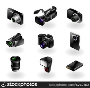 Electronics icon set - Cameras and camcorders. Vector set of 9 modern black camera equipment icons