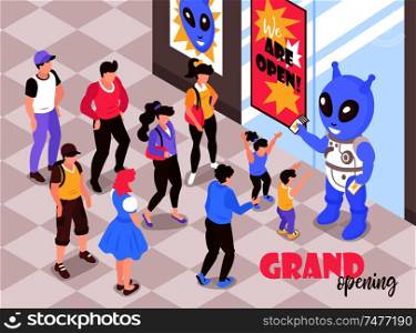 Electronics sales grand opening with products promoter in computer game character costume greeting customers isometric vector illustration