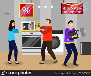 Electronics shop sales, people quarreling about items. Man carrying microwave oven to counter. Domestic appliances for home usage. Washing machine and equipment for house vector illustration. Big Sale Clearance and Discounts in Electronics