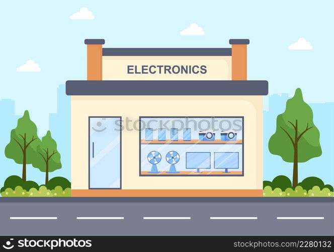 Electronics Store Building that Sells Computers, TV, Cellphones and Buying Home Appliance Product in Flat Background Illustration for Poster or Banner