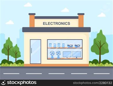 Electronics Store Building that Sells Computers, TV, Cellphones and Buying Home Appliance Product in Flat Background Illustration for Poster or Banner