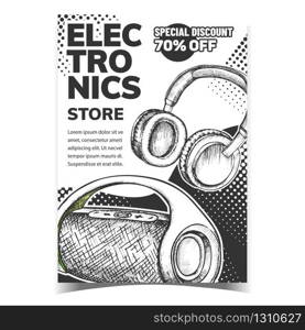 Electronics Store Discount Advertise Banner Vector. Wireless Speaker And Earphones Digital Gadget Electronics. Portable Audio Dynamic Concept Mockup Designed In Vintage Style Illustration. Electronics Store Discount Advertise Banner Vector