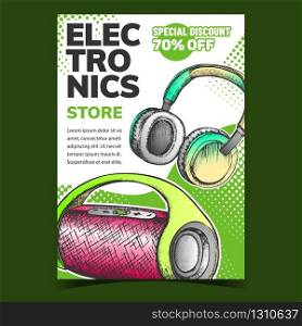 Electronics Store Discount Advertise Banner Vector. Wireless Speaker And Earphones Digital Gadget Electronics. Portable Audio Dynamic Concept Mockup Designed In Vintage Style Illustration. Electronics Store Discount Advertise Banner Vector