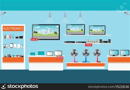Electronics store interior, laptops, mobile phones, television, Computers, pocket wifi, camera and fan on shelf ,vector illustration.