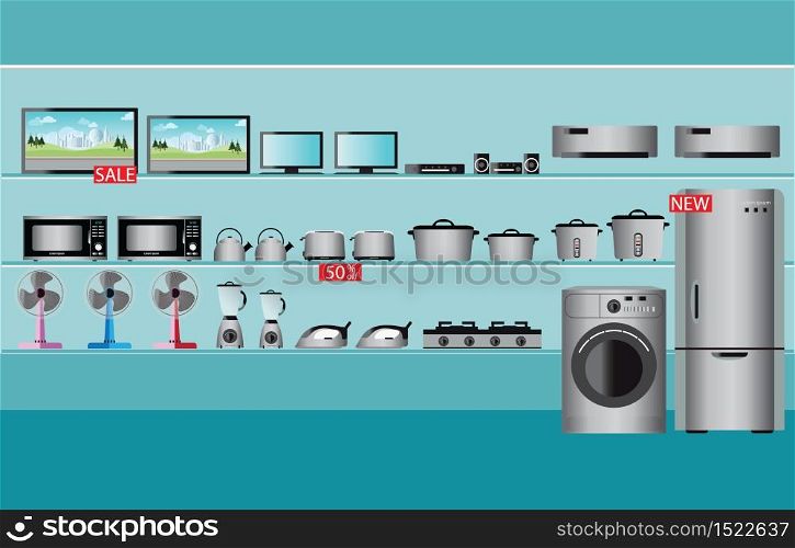 Electronics store interior, laptops, television, Computers, fan, Toaster, refrigerator, washing machine, kettle, rice cooker, air conditioner, Iron and blender fruit on shelf ,vector illustration.