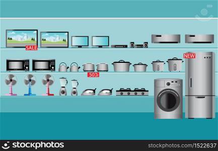 Electronics store interior, laptops, television, Computers, fan, Toaster, refrigerator, washing machine, kettle, rice cooker, air conditioner, Iron and blender fruit on shelf ,vector illustration.