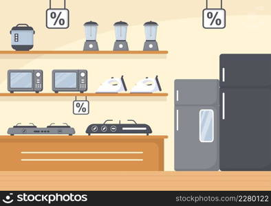 Electronics Store that Sells Computers, TV, Cellphones and Buying Home Appliance Product in Flat Background Illustration for Poster or Banner