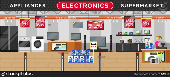 Electronics supermarket, big sale in stores. Kitchen and living room appliances. TV and loudspeakers, phone and photo in mall. Black friday discounts on technical devices, black friday, vector. Electronics, Appliances Supermarket, Big Sale